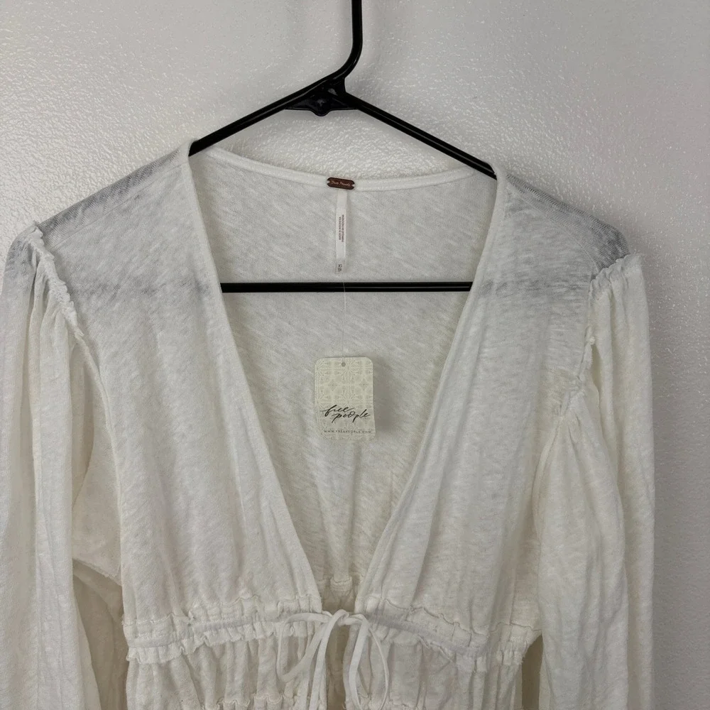 Free People Top Womens XS Ivory Let's Go Blouse Smocked Tie Front Linen  NWT